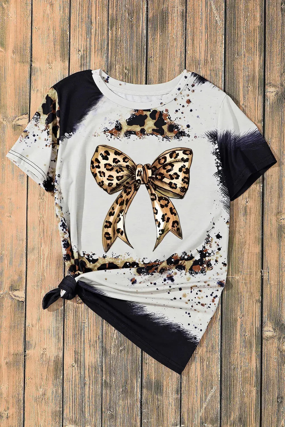 Bow Graphic Leopard Round Neck Short Sleeve Basic T-Shirt - Kittybear Krafts