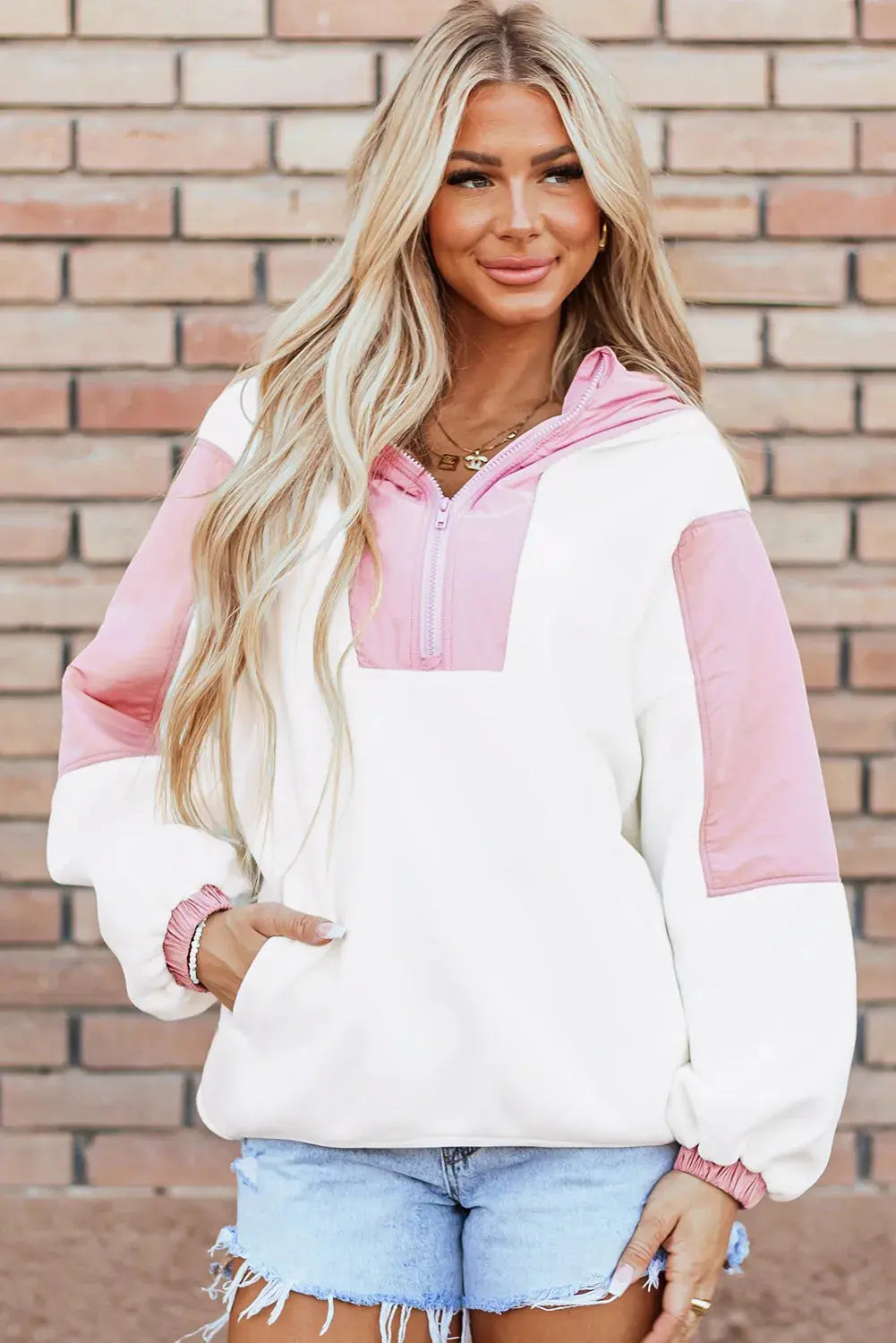 Color Block Half Zip Long Sleeve Hoodie Trendsi