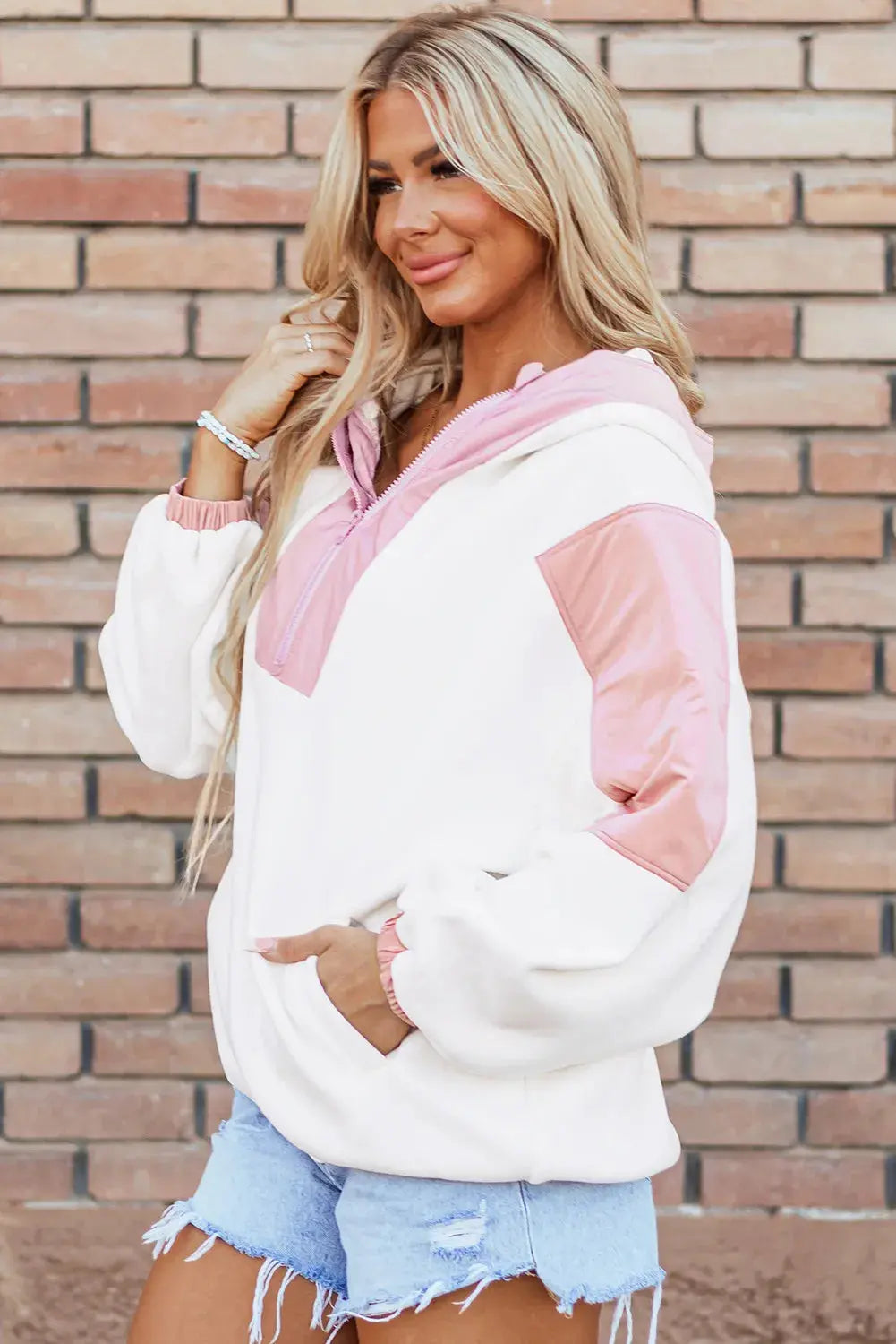 Color Block Half Zip Long Sleeve Hoodie Trendsi