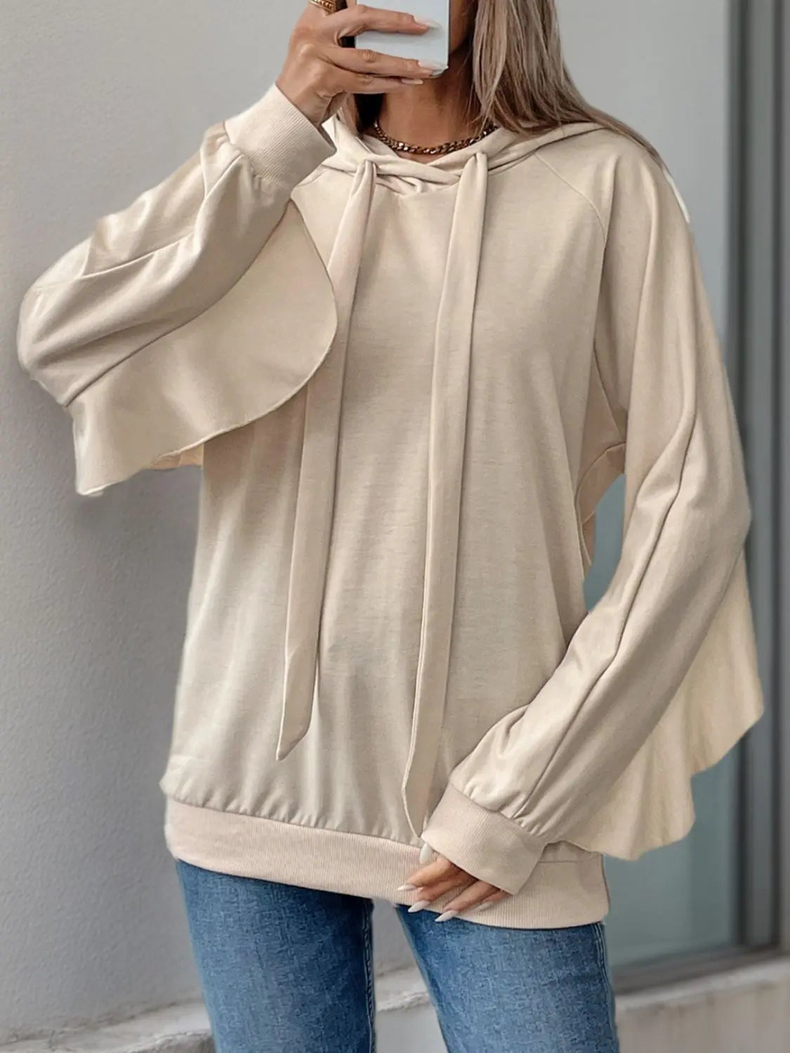 Drawstring Ruffled Long Sleeve Hoodie Trendsi