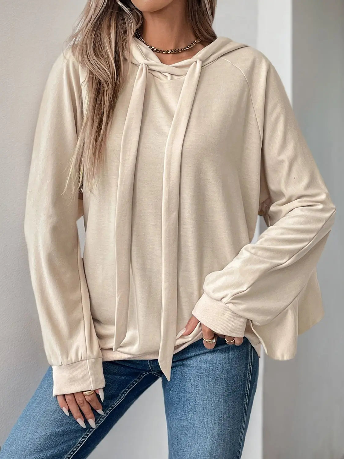 Drawstring Ruffled Long Sleeve Hoodie Trendsi