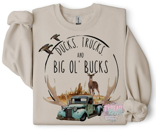 Ducks, Trucks, and Big ol Bucks Hunting Graphic Crewneck Sweatshirt - Kittybear Krafts