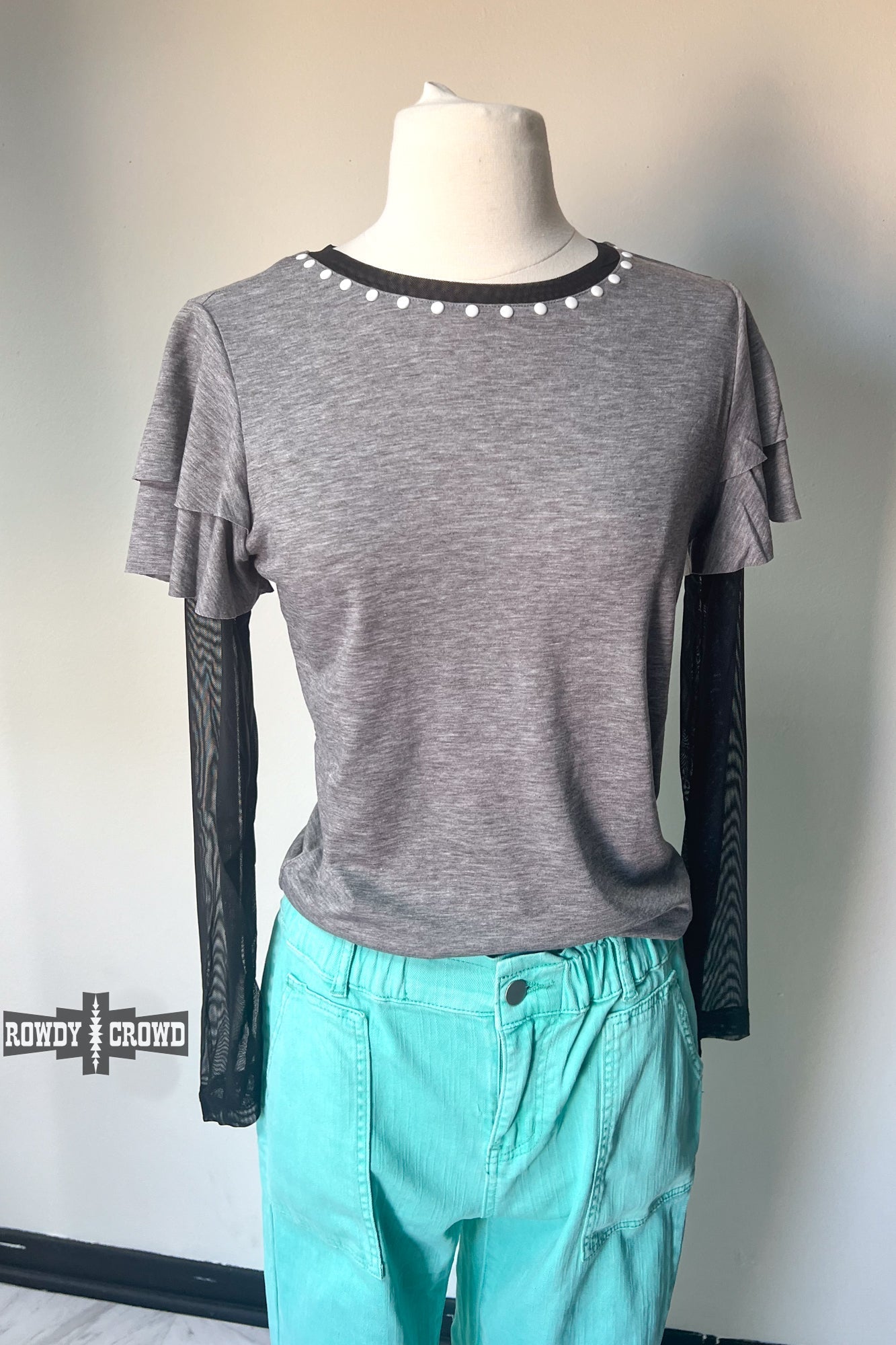 Mustang Western Mesh Sleeve Top Rowdy Crowd Clothing