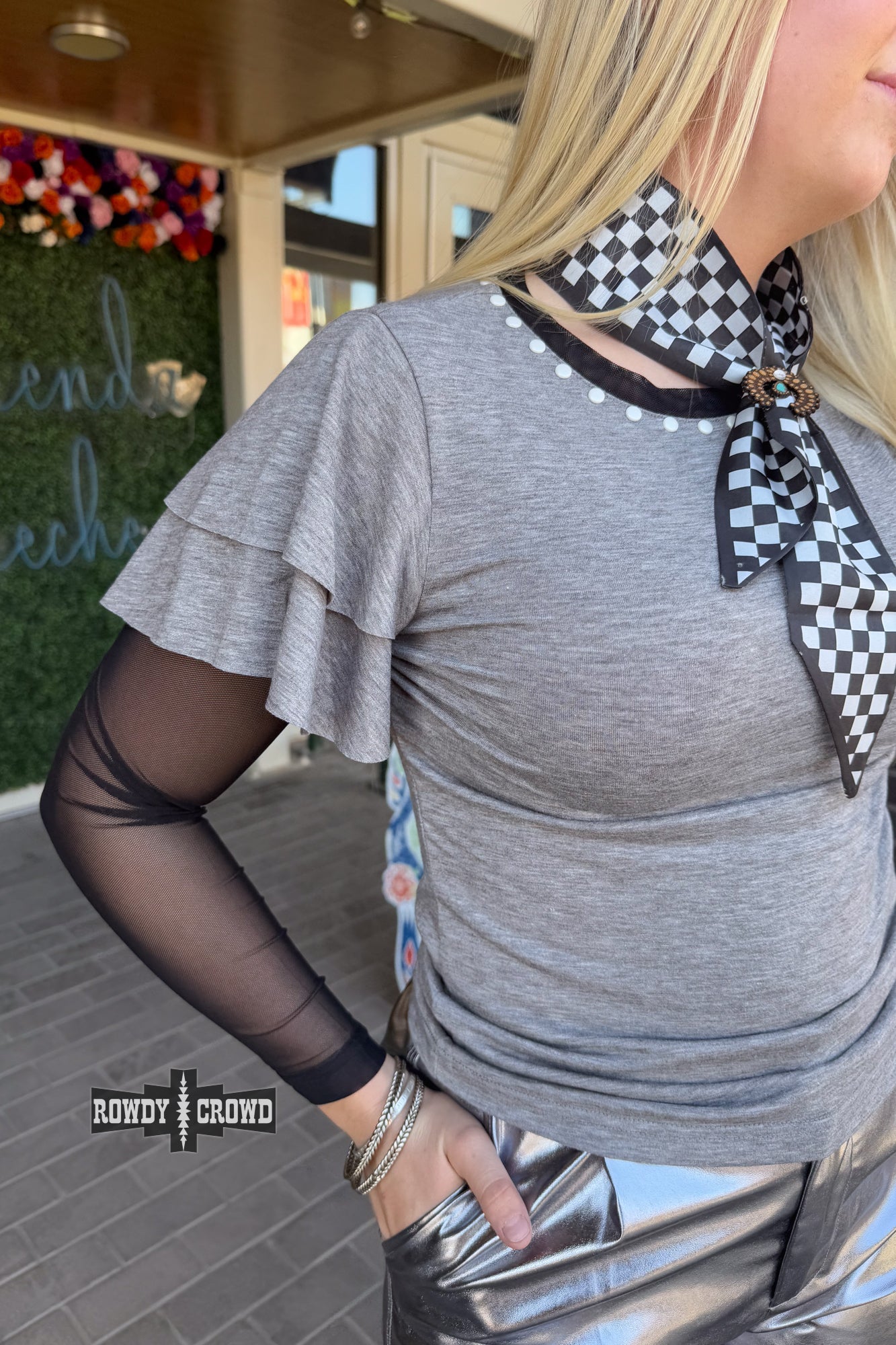 Mustang Western Mesh Sleeve Top Rowdy Crowd Clothing