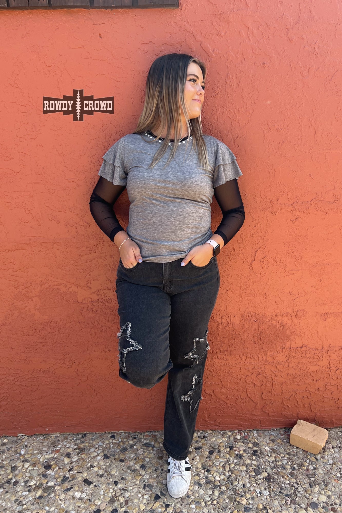 Mustang Western Mesh Sleeve Top Rowdy Crowd Clothing