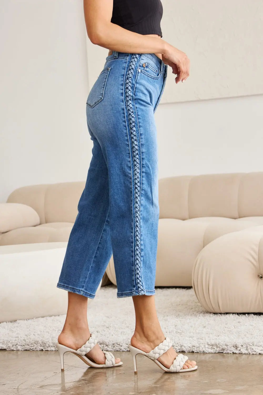 Judy Blue Full Size Braid Side Detail Wide Leg Jeans - Kittybear Krafts