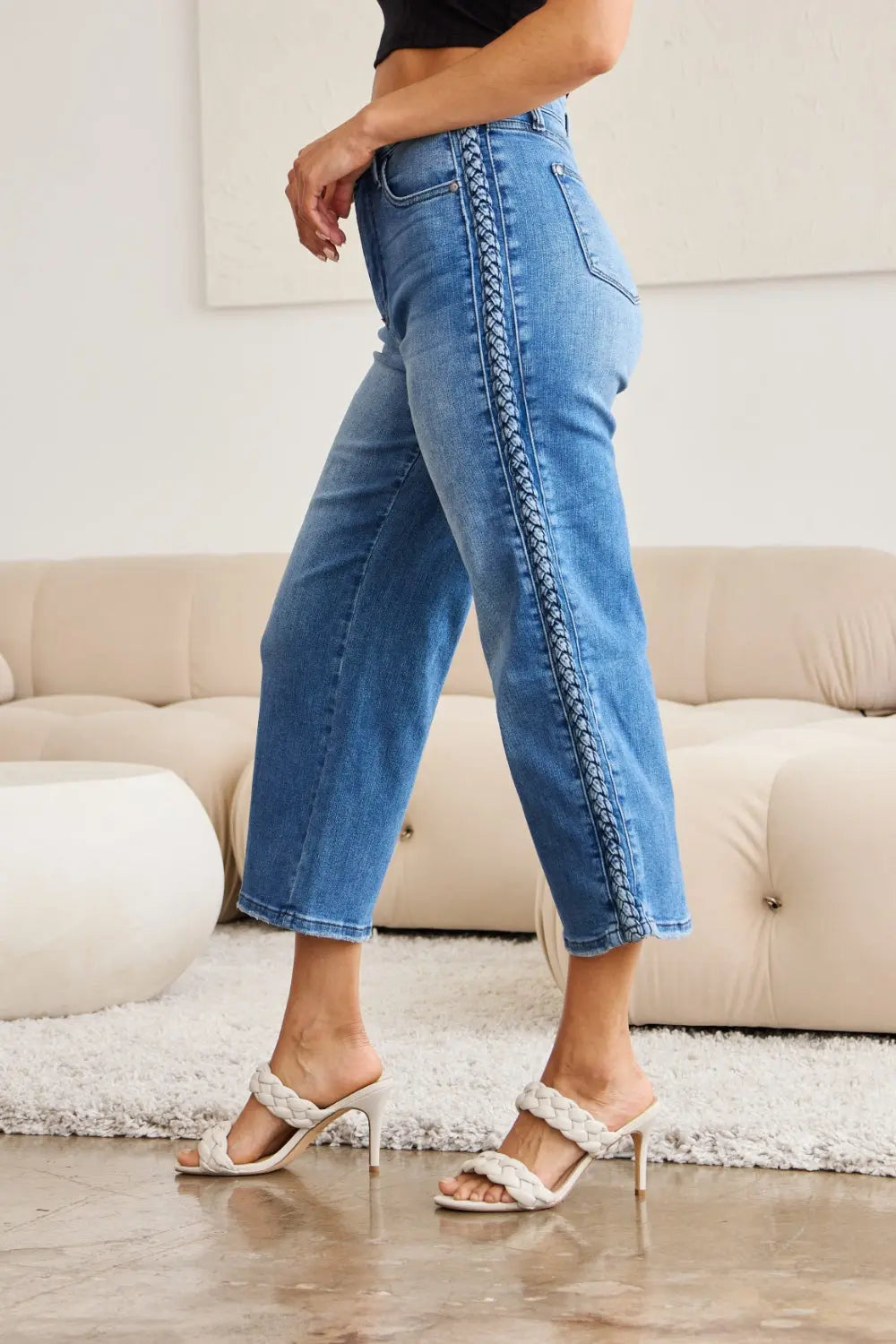 Judy Blue Full Size Braid Side Detail Wide Leg Jeans - Kittybear Krafts