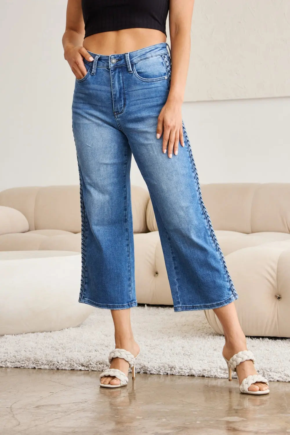 Judy Blue Full Size Braid Side Detail Wide Leg Jeans - Kittybear Krafts