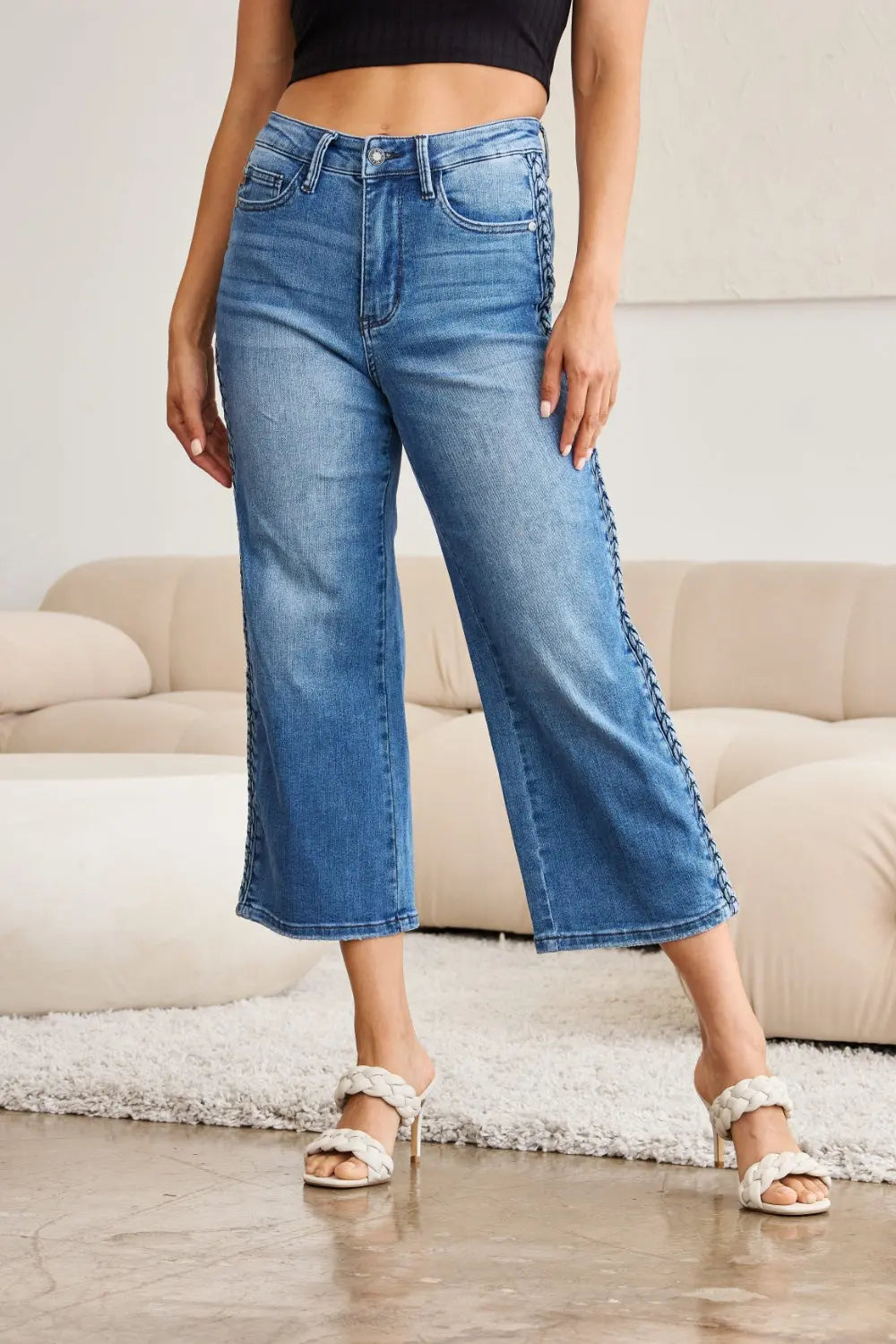 Judy Blue Full Size Braid Side Detail Wide Leg Jeans - Kittybear Krafts