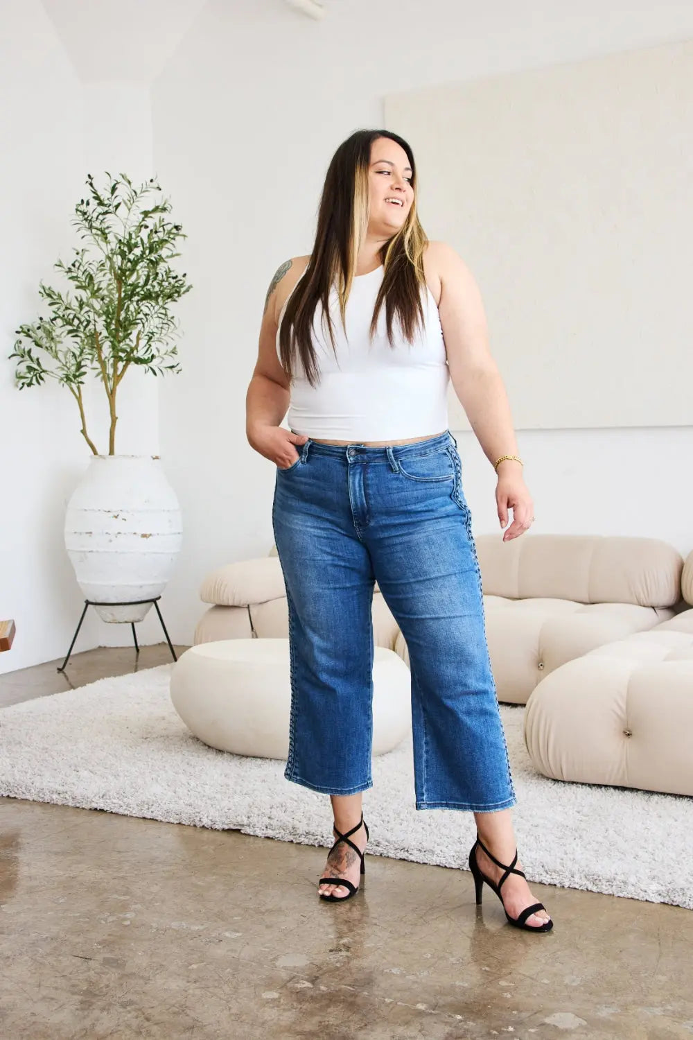 Judy Blue Full Size Braid Side Detail Wide Leg Jeans - Kittybear Krafts