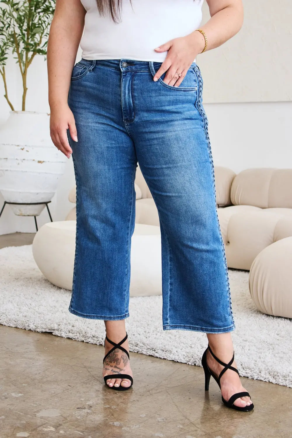 Judy Blue Full Size Braid Side Detail Wide Leg Jeans - Kittybear Krafts