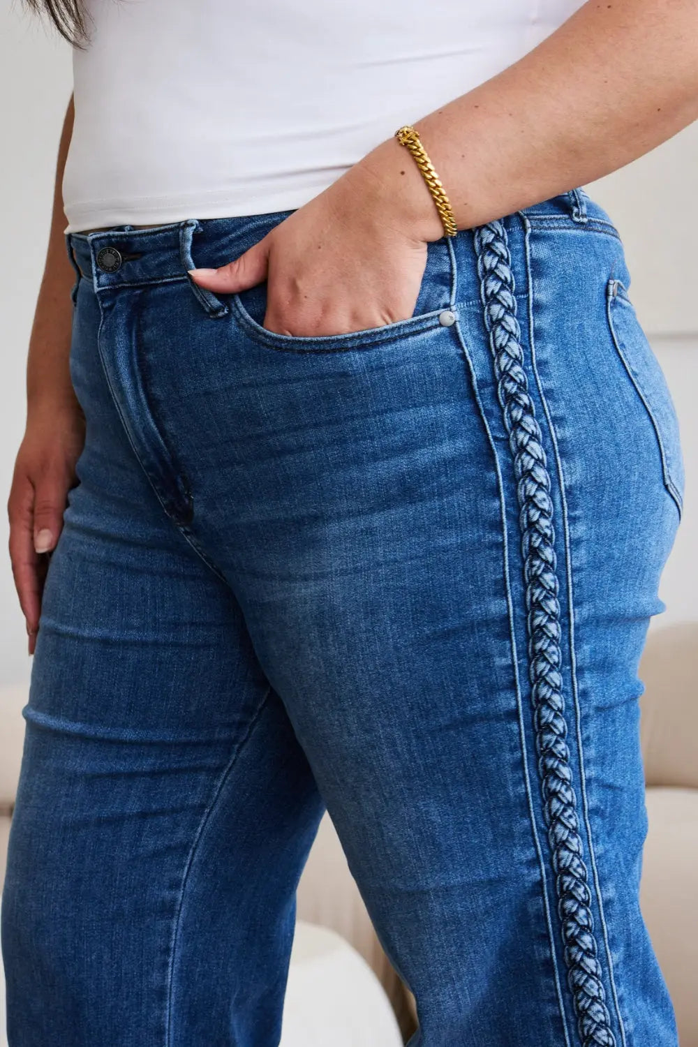Judy Blue Full Size Braid Side Detail Wide Leg Jeans - Kittybear Krafts