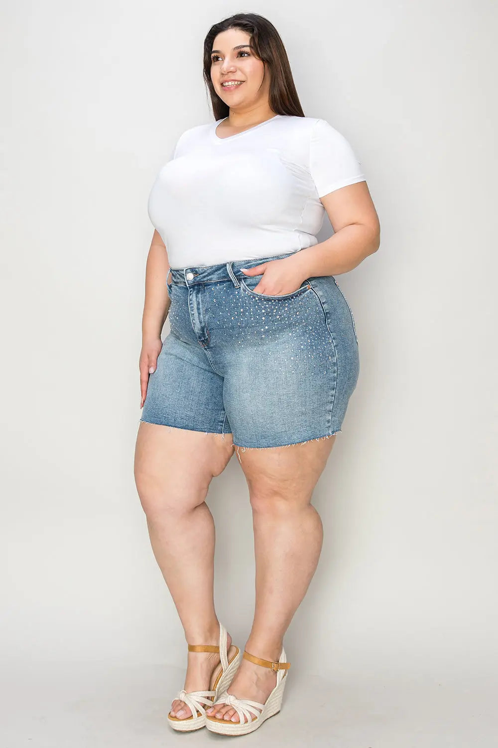 Judy Blue Full Size High Waist Rhinestone Decor Denim Shorts - Kittybear Krafts