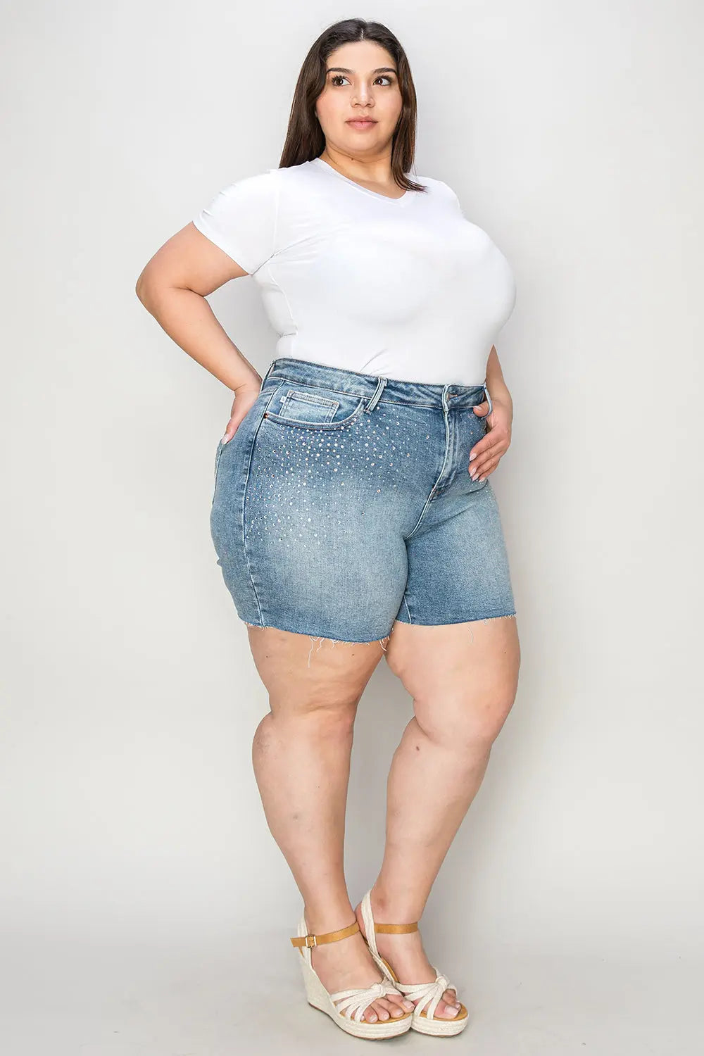 Judy Blue Full Size High Waist Rhinestone Decor Denim Shorts - Kittybear Krafts