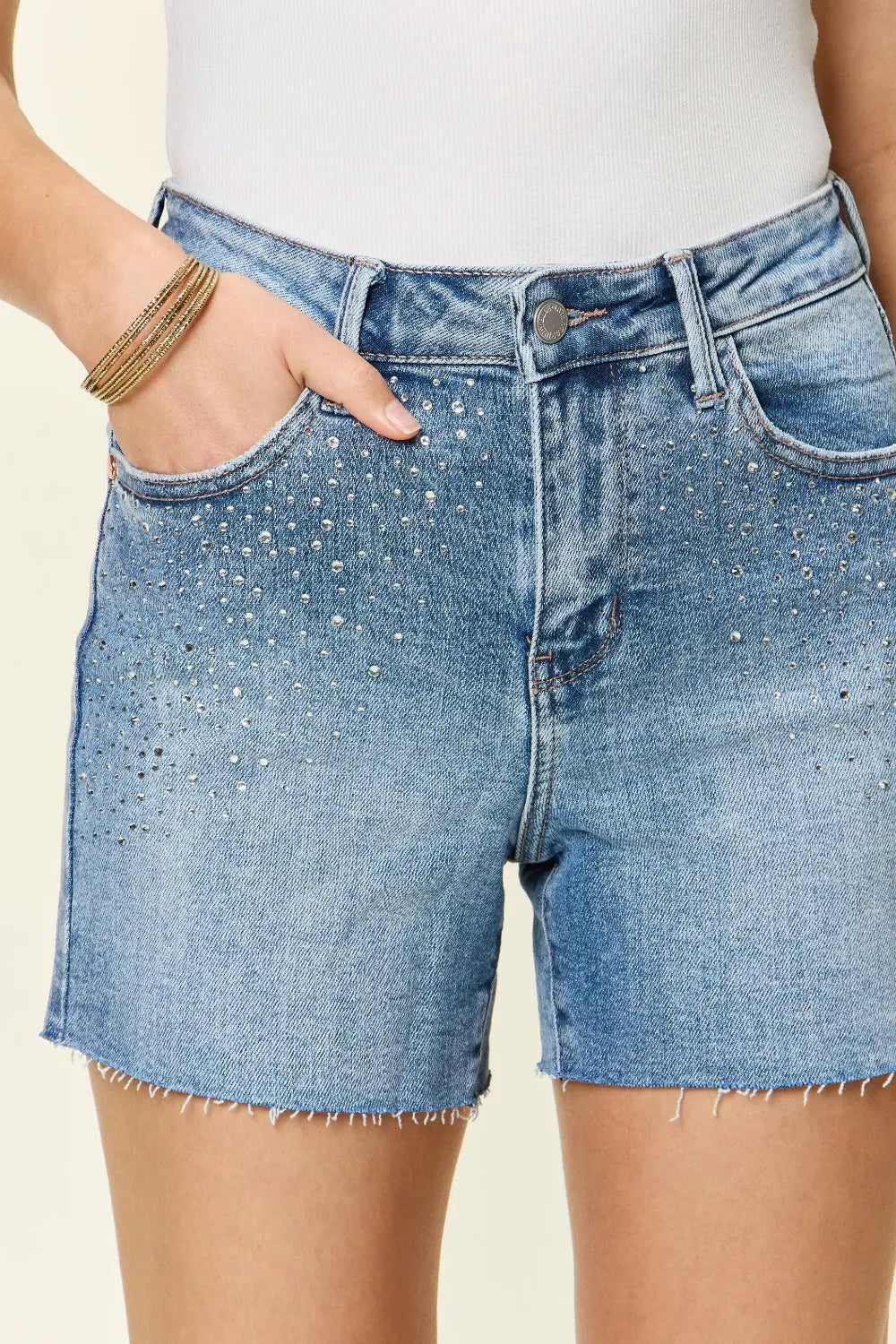 Judy Blue Full Size High Waist Rhinestone Decor Denim Shorts - Kittybear Krafts