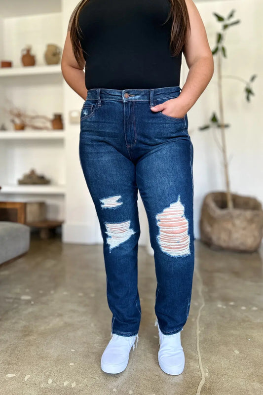 Judy Blue Full Size High Waist Rigid Magic Heavy Destroy Straight Jeans - Kittybear Krafts