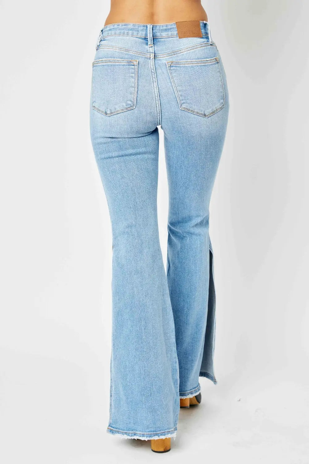 Judy Blue Full Size Mid Rise Raw Hem Slit Flare Jeans - Kittybear Krafts