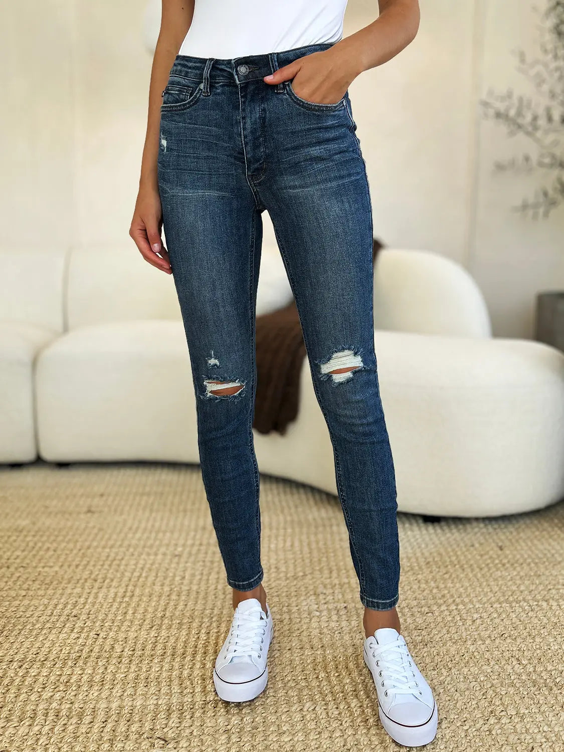 Judy Blue Full Size Mid Waist Distressed Slim Jeans - Kittybear Krafts
