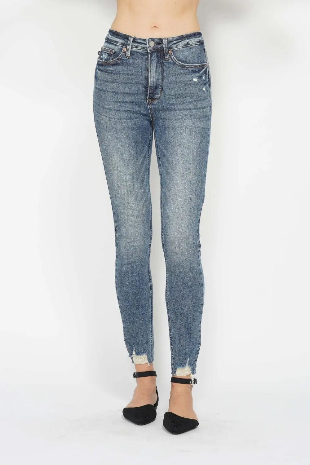 Judy Blue Full Size Tummy Control Vintage Wash Hem Destroy Skinny Jeans - Kittybear Krafts