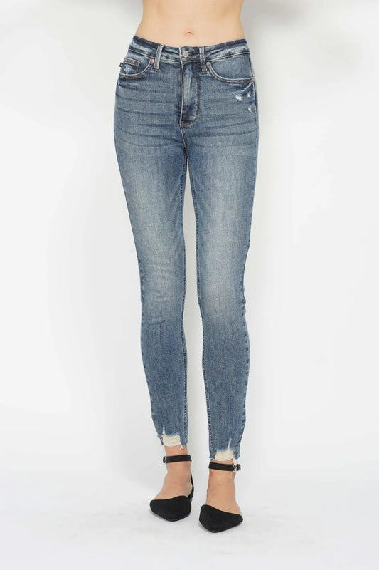 Judy Blue Full Size Tummy Control Vintage Wash Hem Destroy Skinny Jeans - Kittybear Krafts