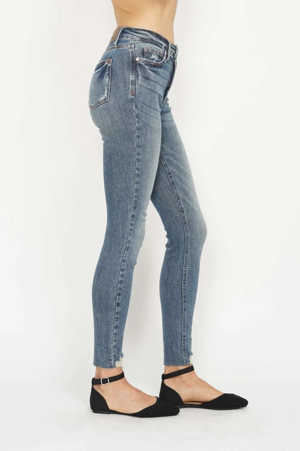 Judy Blue Full Size Tummy Control Vintage Wash Hem Destroy Skinny Jeans - Kittybear Krafts