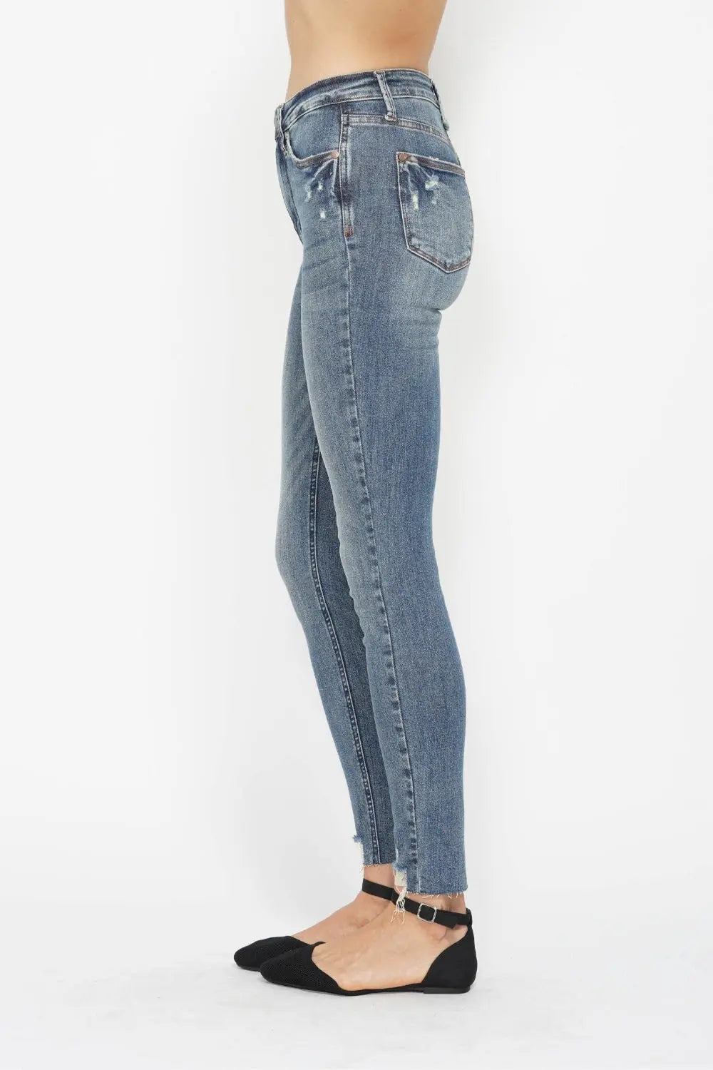 Judy Blue Full Size Tummy Control Vintage Wash Hem Destroy Skinny Jeans - Kittybear Krafts