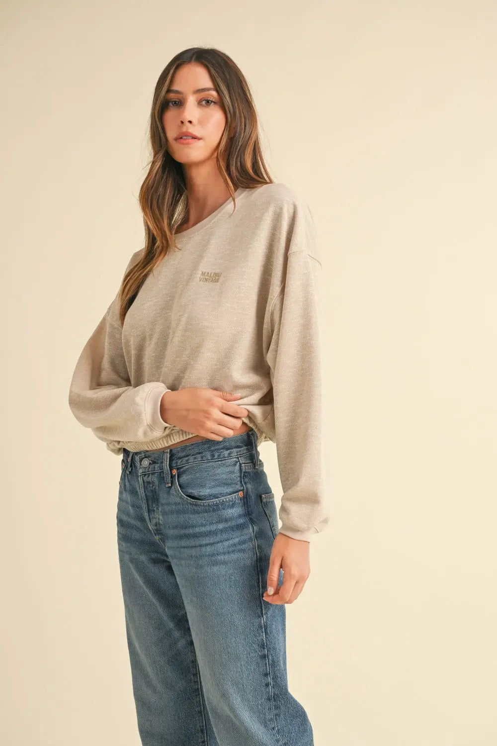 Malibu Vintage Round Neck Embroidery Crop Sweatshirt - Kittybear Krafts