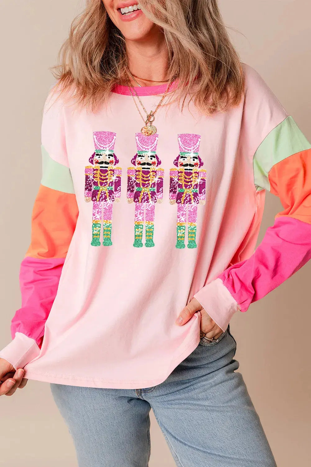 Sequin Christmas Nutcracker Round Neck Long Sleeve Top Trendsi