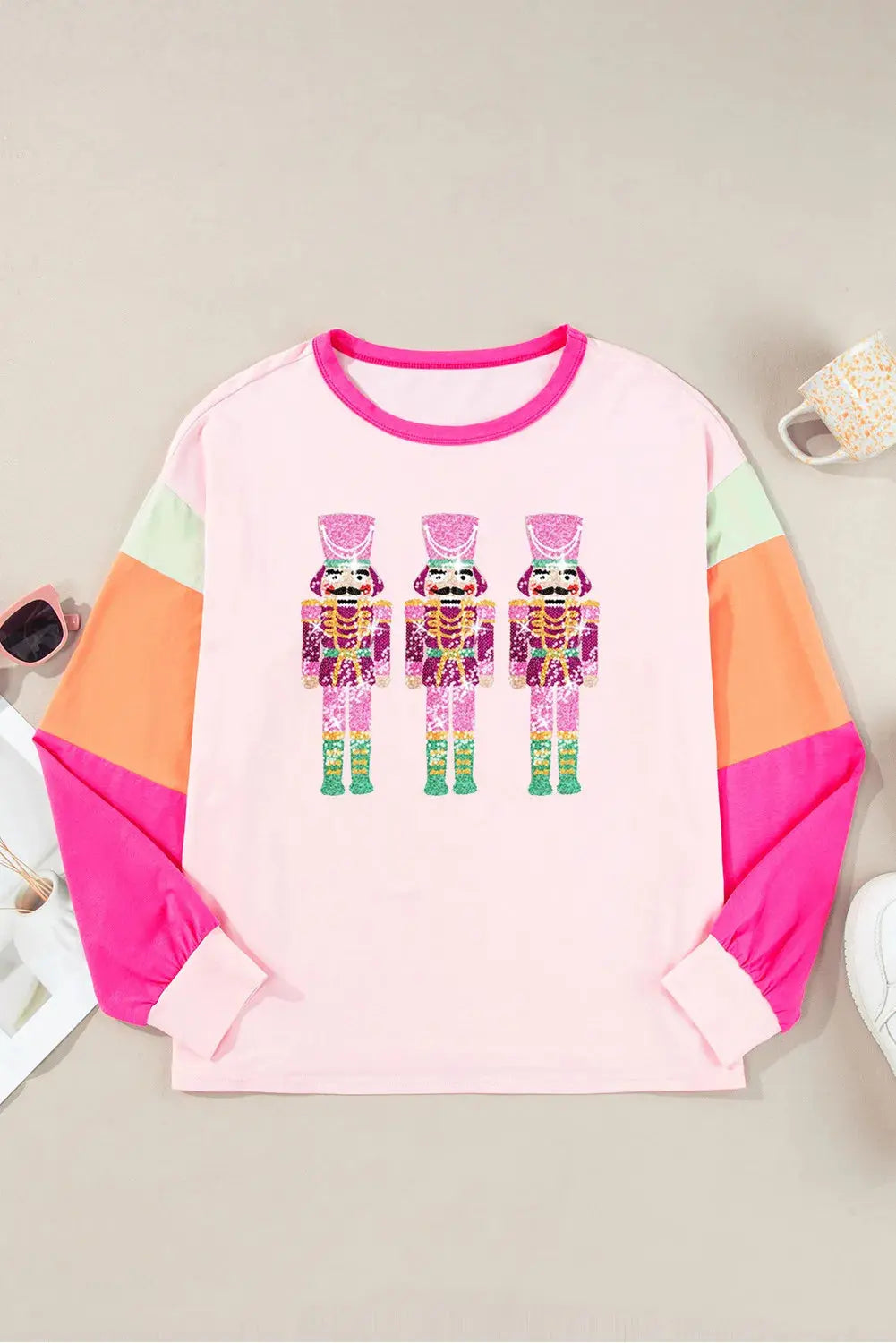 Sequin Christmas Nutcracker Round Neck Long Sleeve Top Trendsi