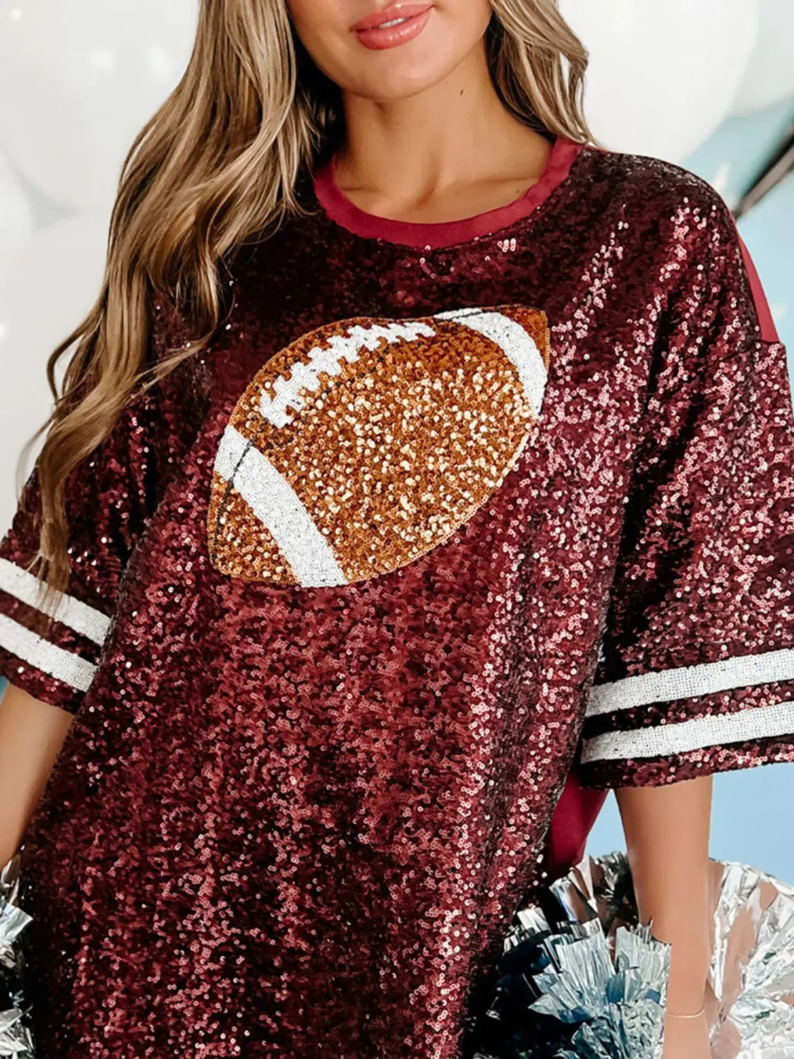 Sequin Football Round Neck Half Sleeve Oversize Top - Kittybear Krafts