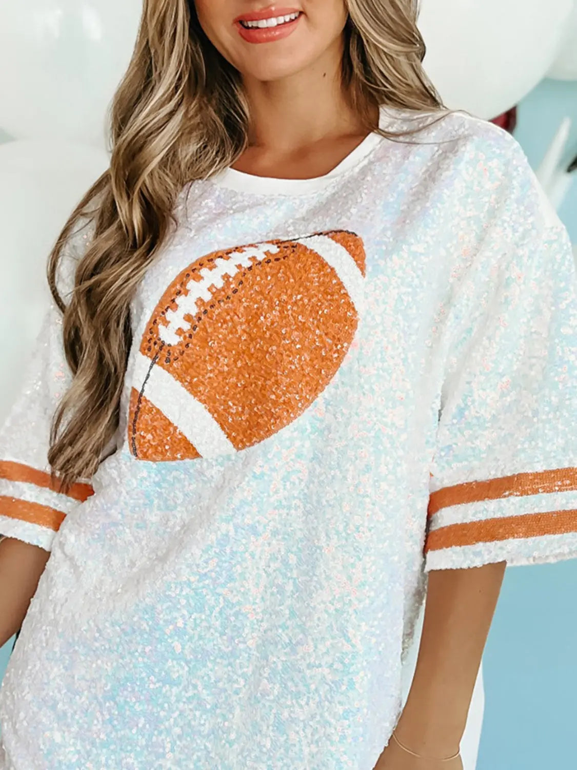 Sequin Football Round Neck Half Sleeve Oversize Top - Kittybear Krafts