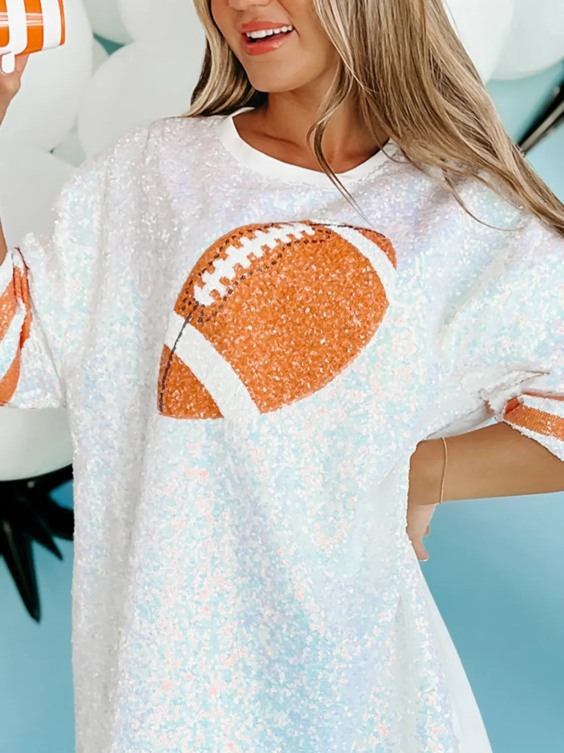 Sequin Football Round Neck Half Sleeve Oversize Top - Kittybear Krafts