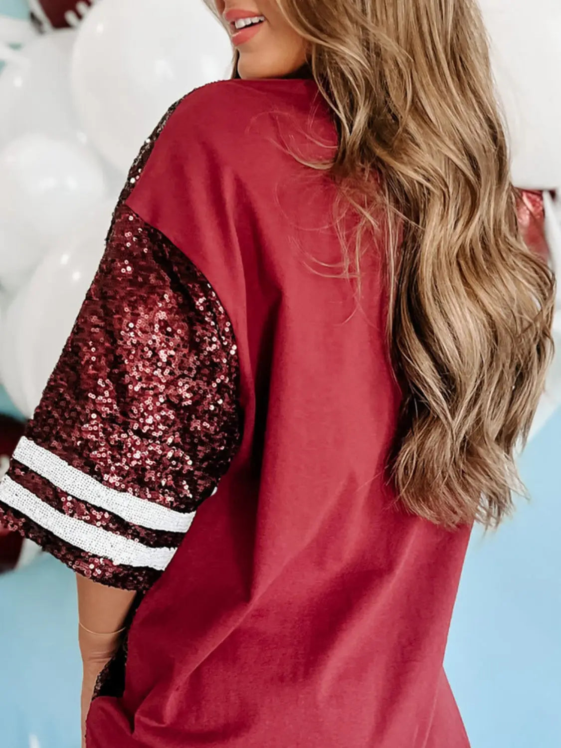 Sequin Football Round Neck Half Sleeve Oversize Top - Kittybear Krafts