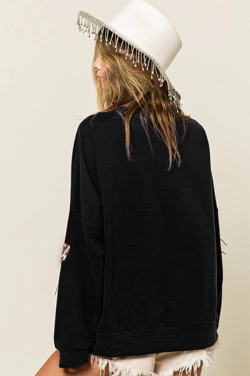Sequin Fringe Football Patch Round Neck Sweater - Kittybear Krafts