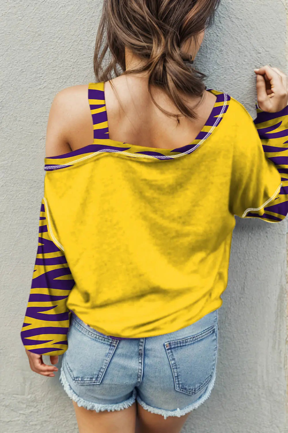 Tigers Football Graphic Asymmetrical Neck Long Sleeve T Shirt Trendsi