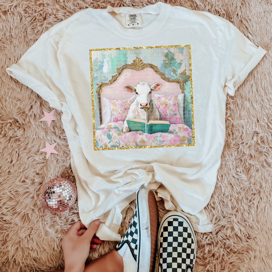 Floral Cow in Bed Reading Design Graphic T-Shirt Gunpowder and Lace Boutique Nac