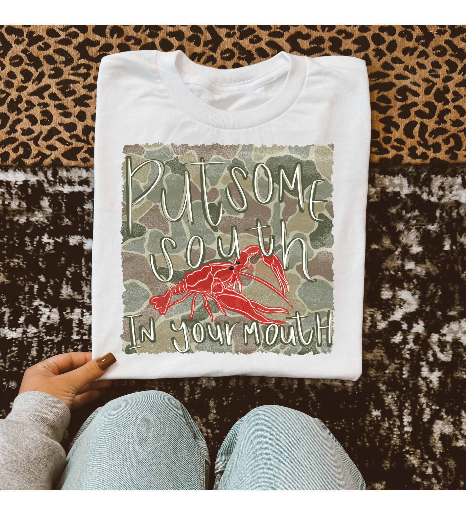Put Some South In Your Mouth Crawfish Camo Graphic T-Shirt Gunpowder and Lace Boutique Nac