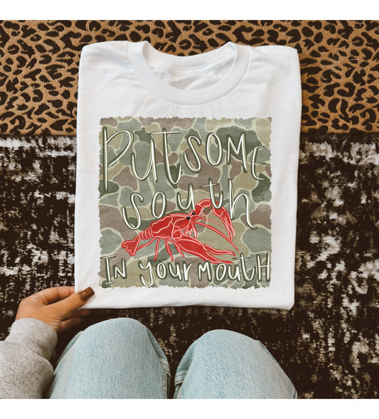 Put Some South In Your Mouth Crawfish Camo Graphic T-Shirt Gunpowder and Lace Boutique Nac