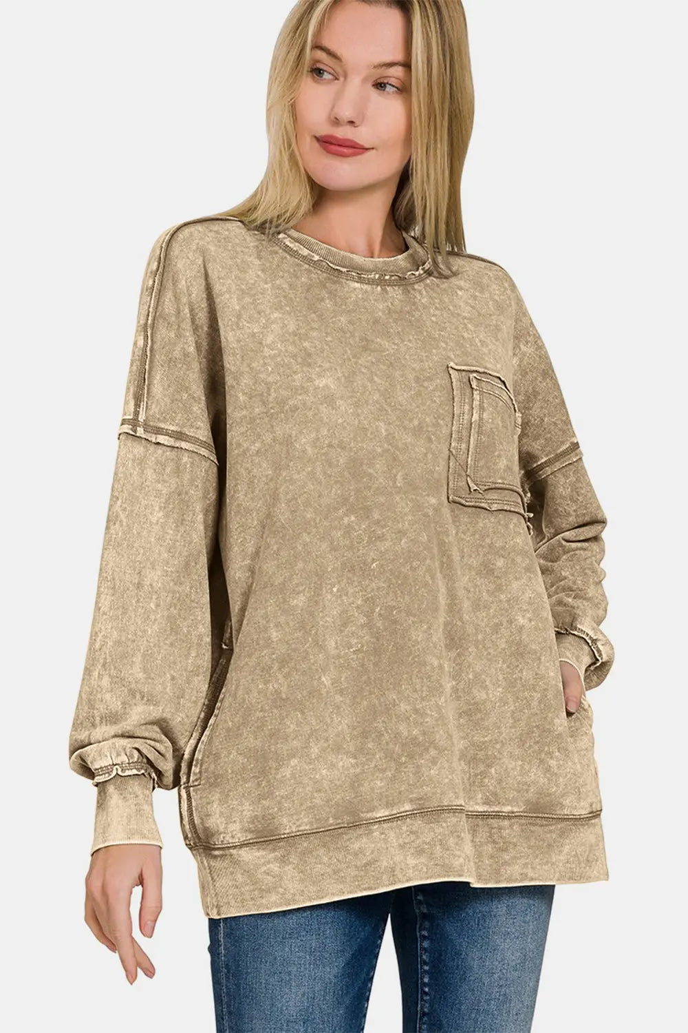 Zenana Exposed Seam Round Neck Dropped Shoulder Sweatshirt - Kittybear Krafts