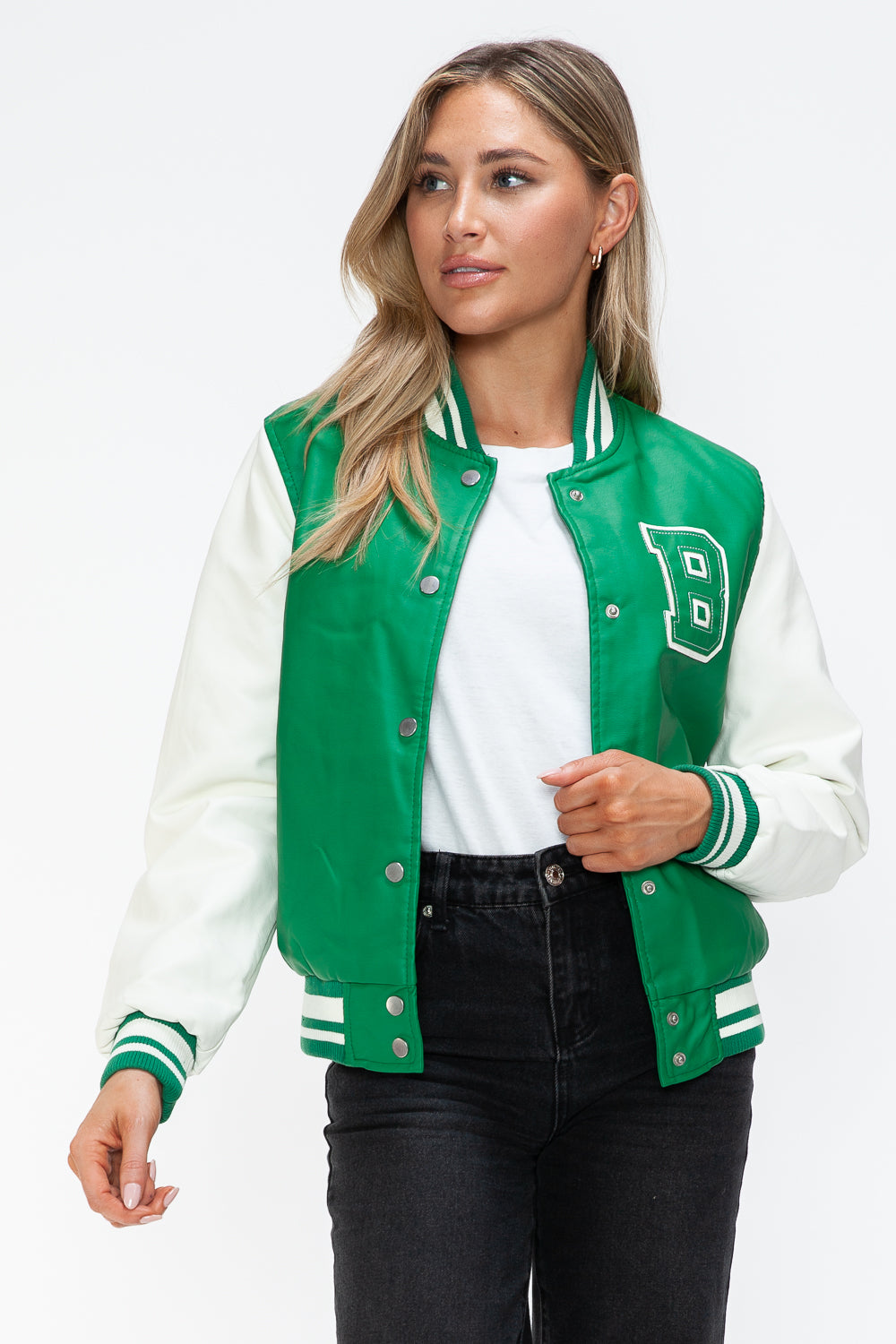 Love Me Now PU Leather Contrast Snap Down Bomber Jacket Trendsi