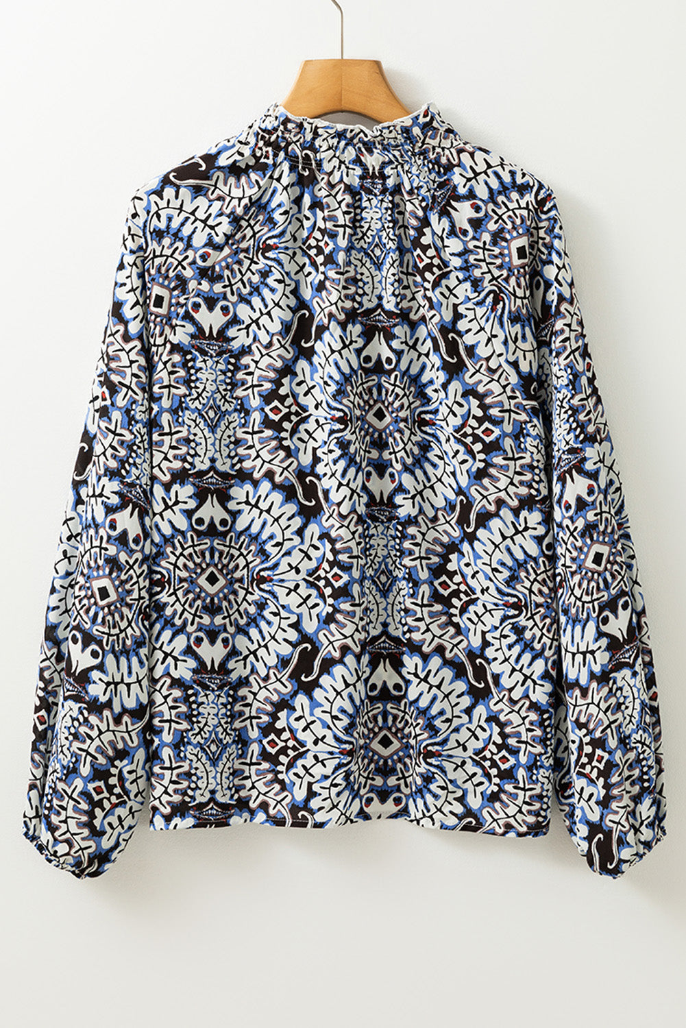 Blue Tribal Print Lace-up Frilled Neck Puff Sleeve Blouse Kittybear Krafts