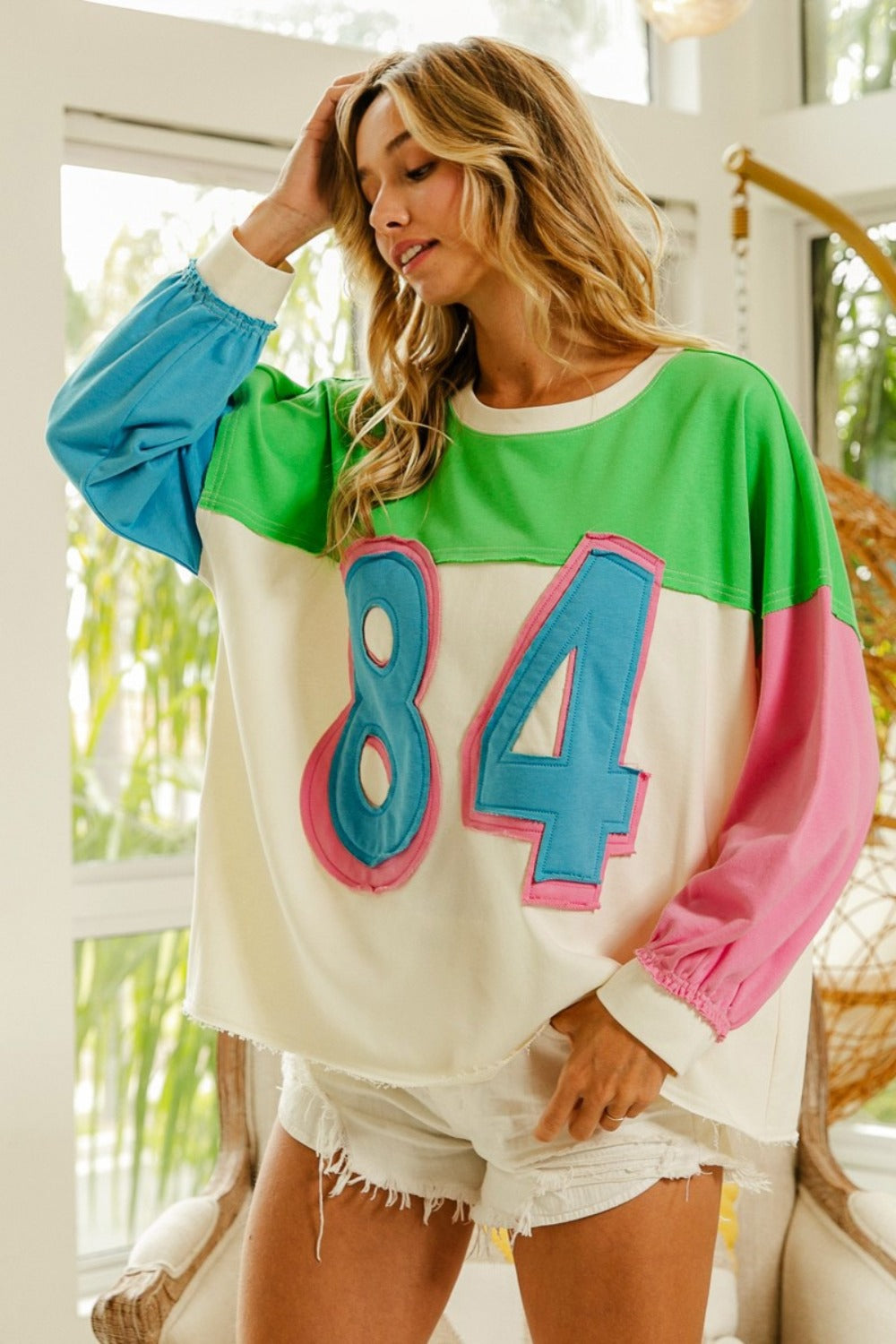 BiBi Color Block Patched Long Sleeve Top - Kittybear Krafts