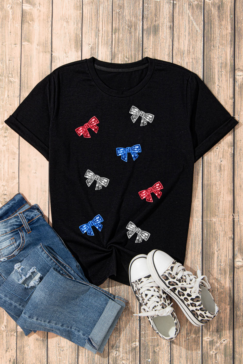 Red White and Blue Sequin Bow Round Neck Short Sleeve T-Shirt - Kittybear Krafts