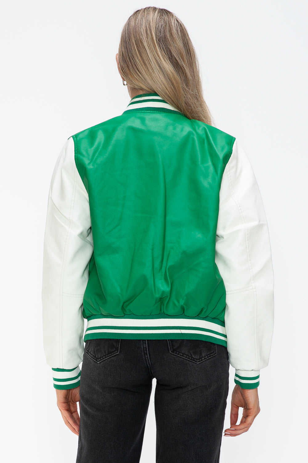 Love Me Now PU Leather Contrast Snap Down Bomber Jacket Trendsi