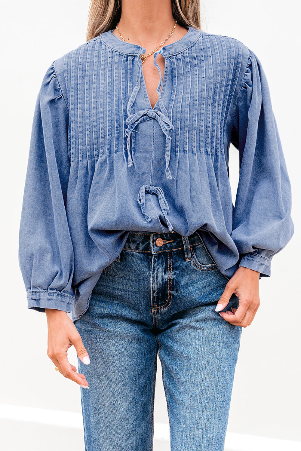 Myosotis Denim Front Pintuck Bow Tie Puff Sleeve Top Kittybear Krafts