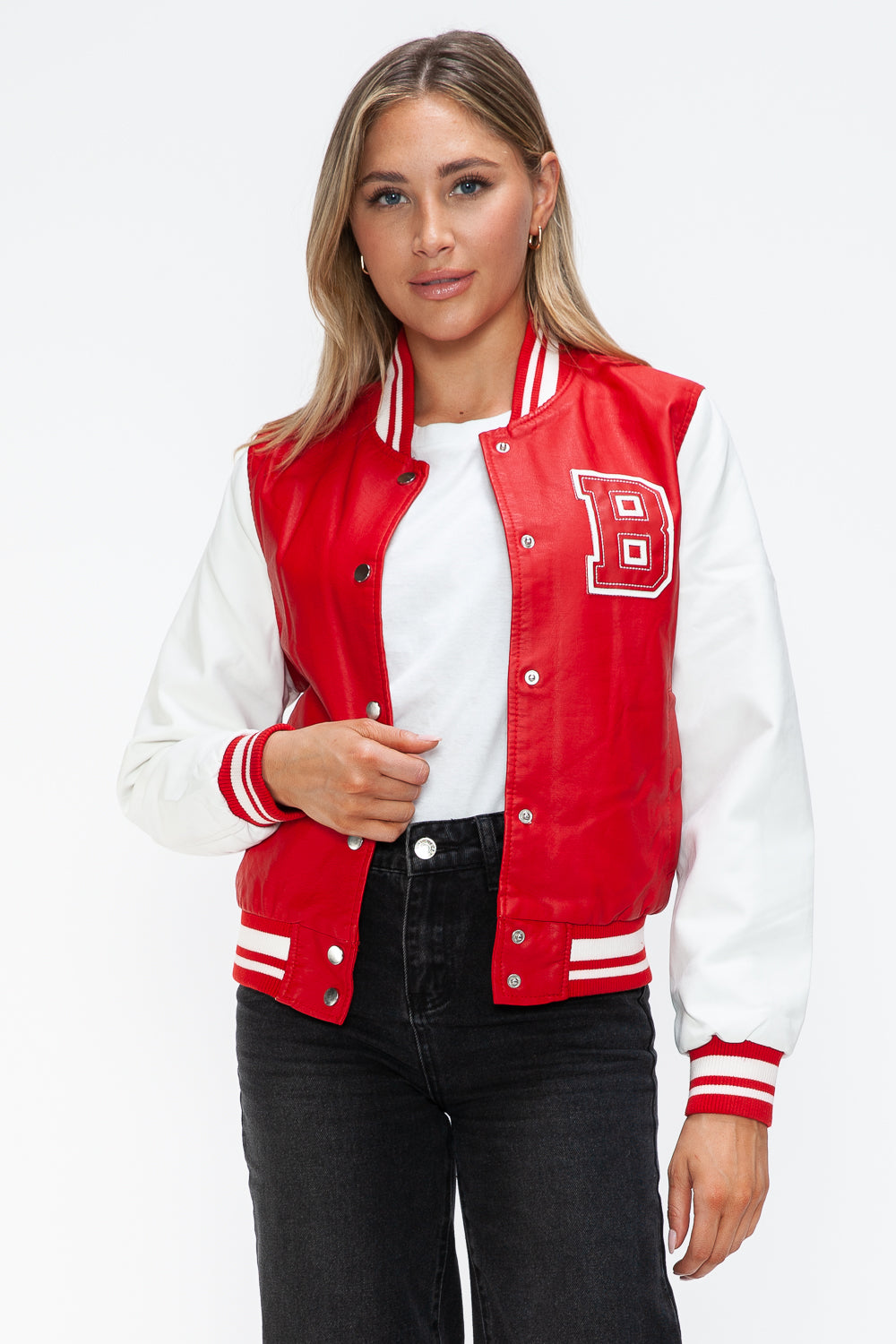 Love Me Now PU Leather Contrast Snap Down Bomber Jacket Trendsi