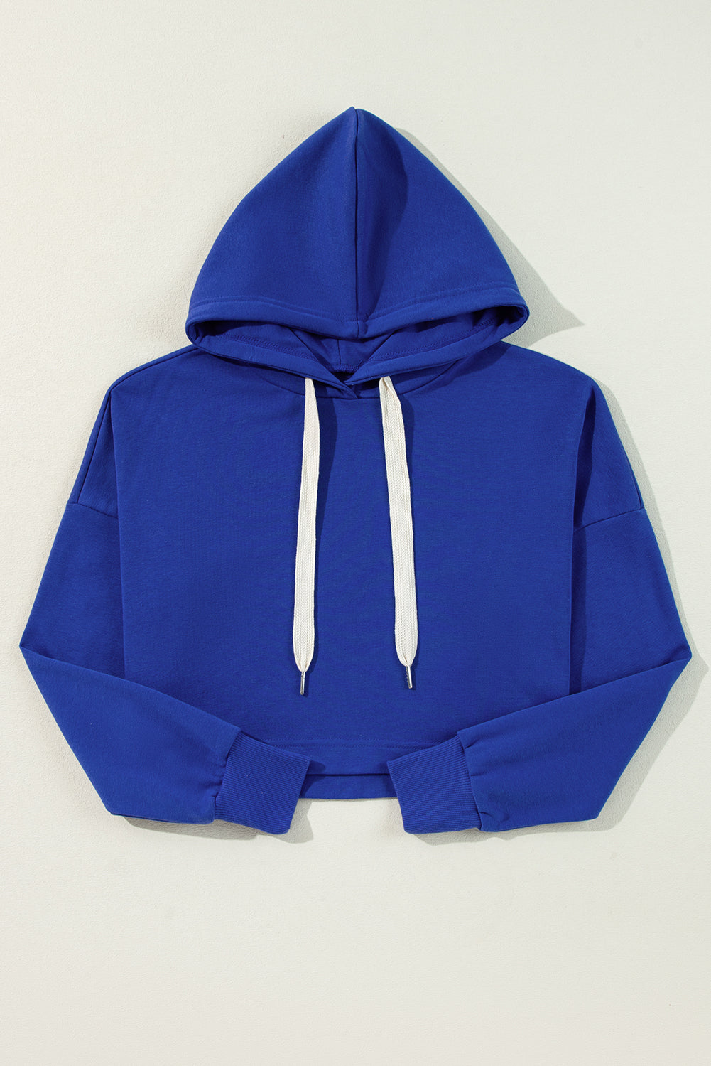 Dark Blue Solid Drop Shoulder Drawstring Cropped Hoodie Kittybear Krafts