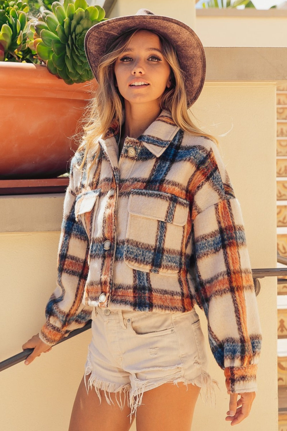 BiBi Brushed Plaid Crop Jacket with Pockets - Kittybear Krafts