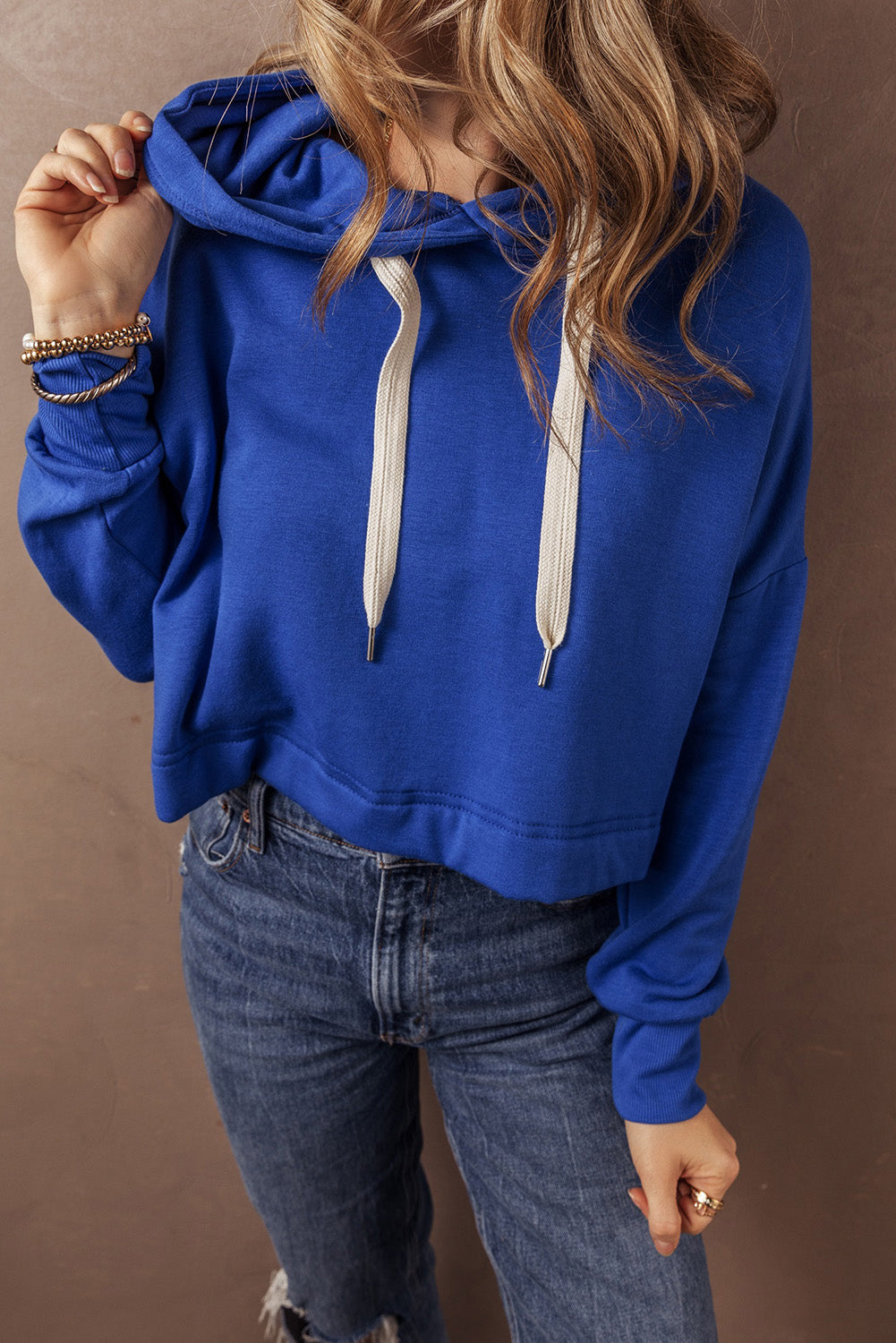 Dark Blue Solid Drop Shoulder Drawstring Cropped Hoodie Kittybear Krafts