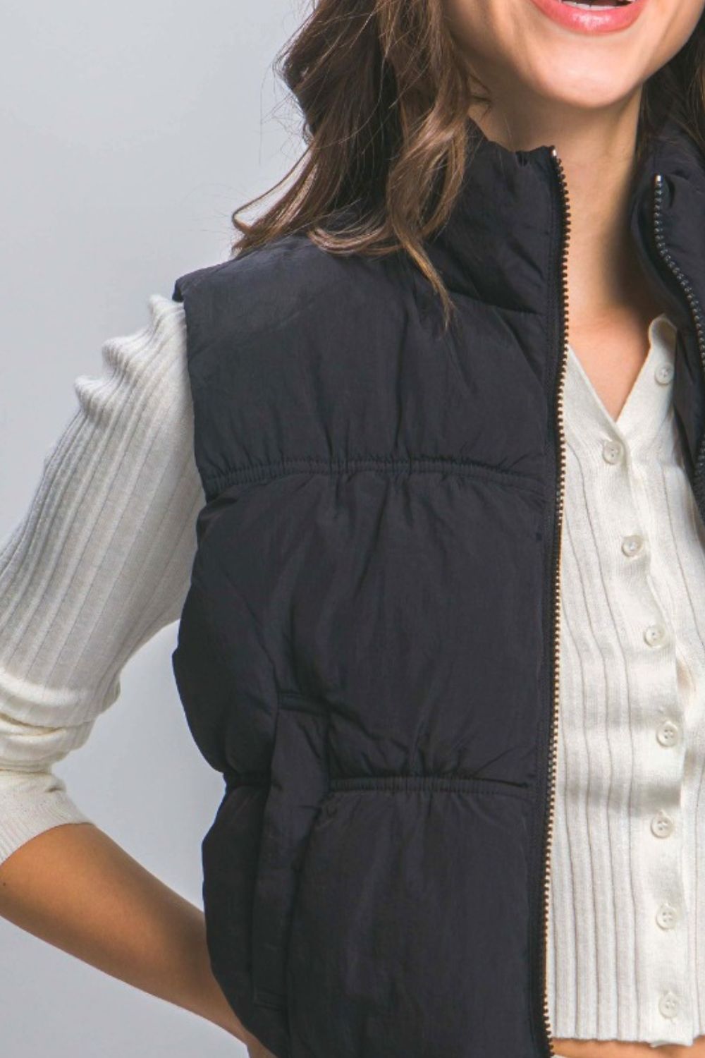 Love Tree Black Zip Up Turtleneck Cropped Vest Coat Trendsi